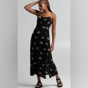 Oysho Floral Printed Sleeveless Button Front Knee Length Dress Black Small Y2K